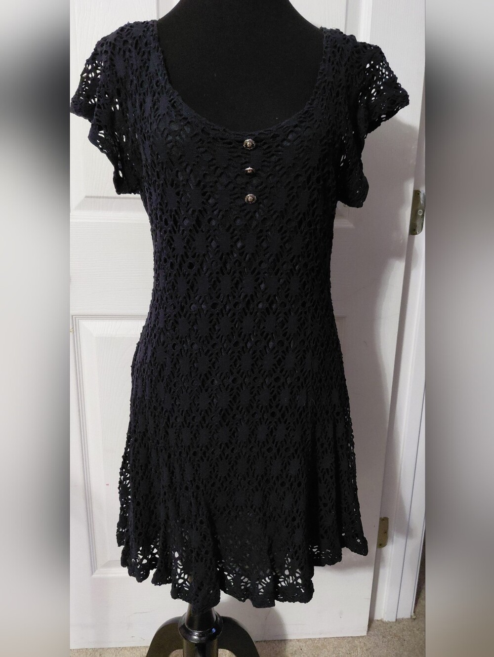 Elan Black Crochet Overlay Dress with Button Accents